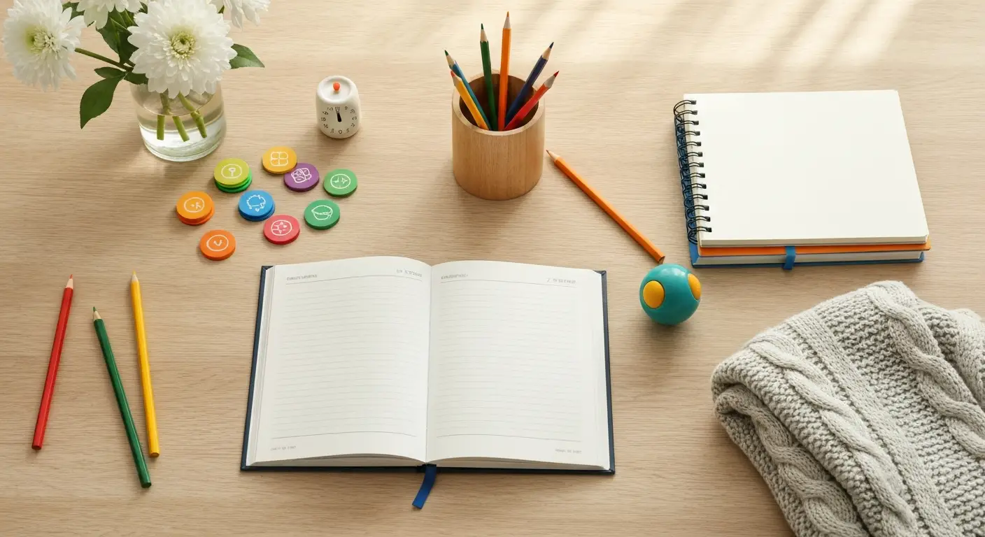 Spokojne biurko z pomocami do organizacji dnia dziecka z ADHD