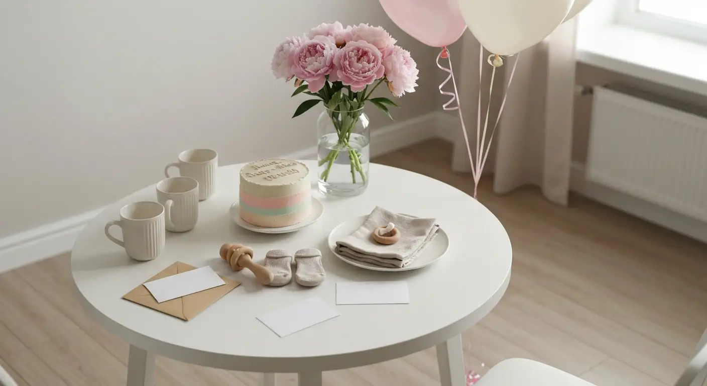 Stół przygotowany na kameralne baby shower z tortem, drobnymi prezentami i akcesoriami dla niemowlęcia