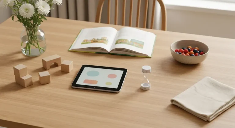 Tablet, książka z bajkami, klocki i klepsydra na drewnianym stole
