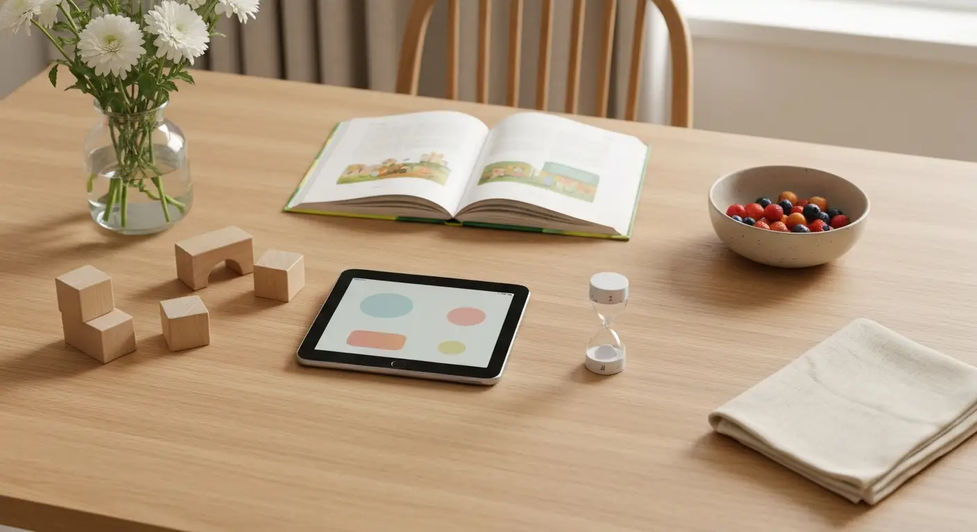 Tablet, książka z bajkami, klocki i klepsydra na drewnianym stole