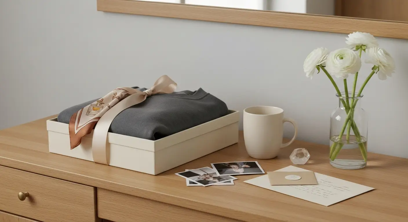 Pudełko z pamiątkami po byłym na drewnianej toaletce - szalik, kubek, zdjęcia i list