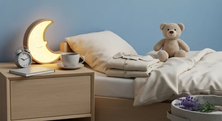 Wieczorny rytuał snu dziecka - przytulanka, piżama, lampka księżyc i spokojnie przygotowane łóżko