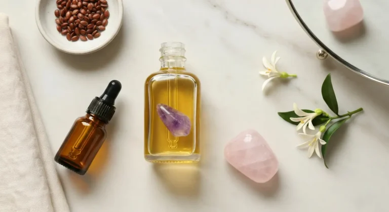 Szklany olejek jojoba z ametystem, kwarc różowy i akcesoria do domowego rytuału pielęgnacyjnego