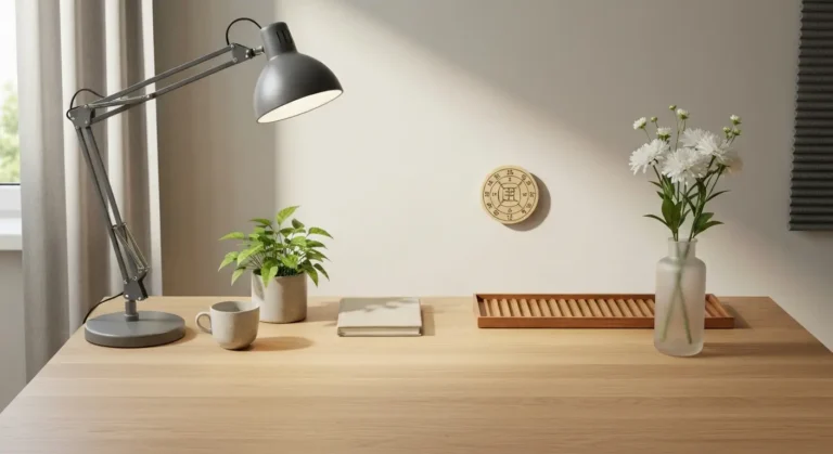 Uporządkowane domowe biurko z lampą, rośliną i subtelnymi dekoracjami feng shui