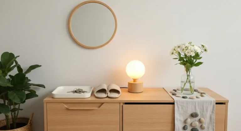 Uporządkowana konsola przy wejściu z lampą, rośliną, koszykiem i ceramiczną tacą w stylu feng shui