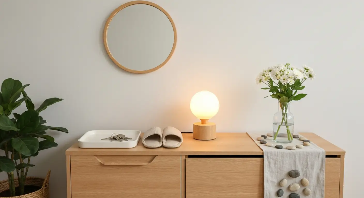 Uporządkowana konsola przy wejściu z lampą, rośliną, koszykiem i ceramiczną tacą w stylu feng shui