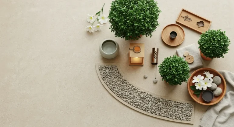 Feng shui ogrodu z kamienną ścieżką, roślinami w donicach, wodą i detalami pięciu żywiołów