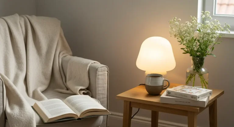 Przytulny kącik hygge z pledem, lampą, herbatą, książką i świeżymi kwiatami