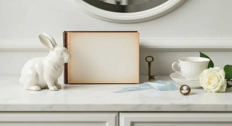Biały porcelanowy królik, stara książka, kluczyk i filiżanka na marmurowej toaletce