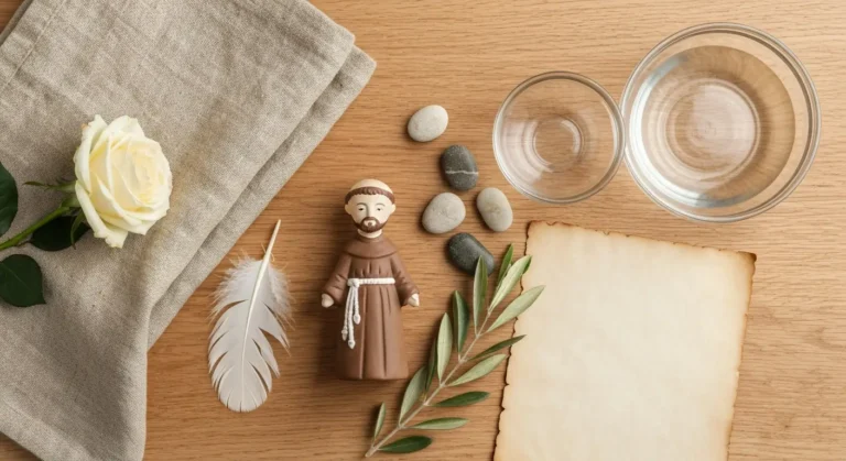 Ceramiczna figurka świętego Franciszka z gałązką oliwną, piórkiem i kamieniami na drewnianym stole