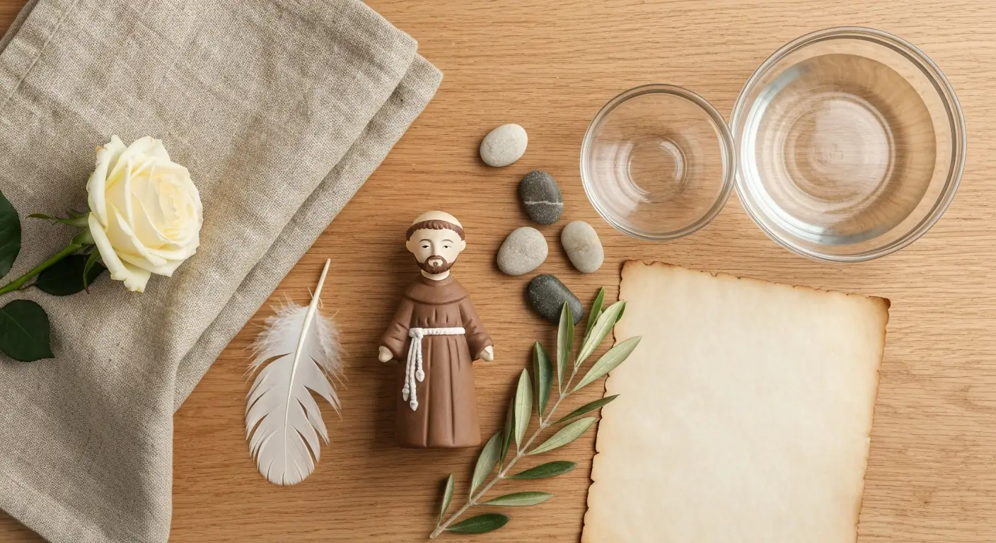 Ceramiczna figurka świętego Franciszka z gałązką oliwną, piórkiem i kamieniami na drewnianym stole