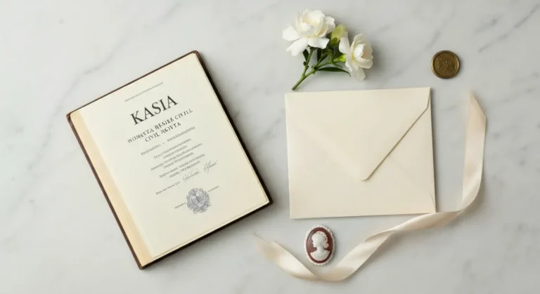 Księga metrykalna, puste dokumenty i białe kwiaty symbolizujące imię Kasia i Katarzyna