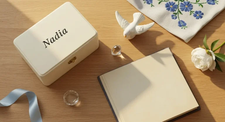 Pudełko pamiątkowe, gołąbek z porcelany, błękitna wstążka i kwiaty symbolizujące nadzieję