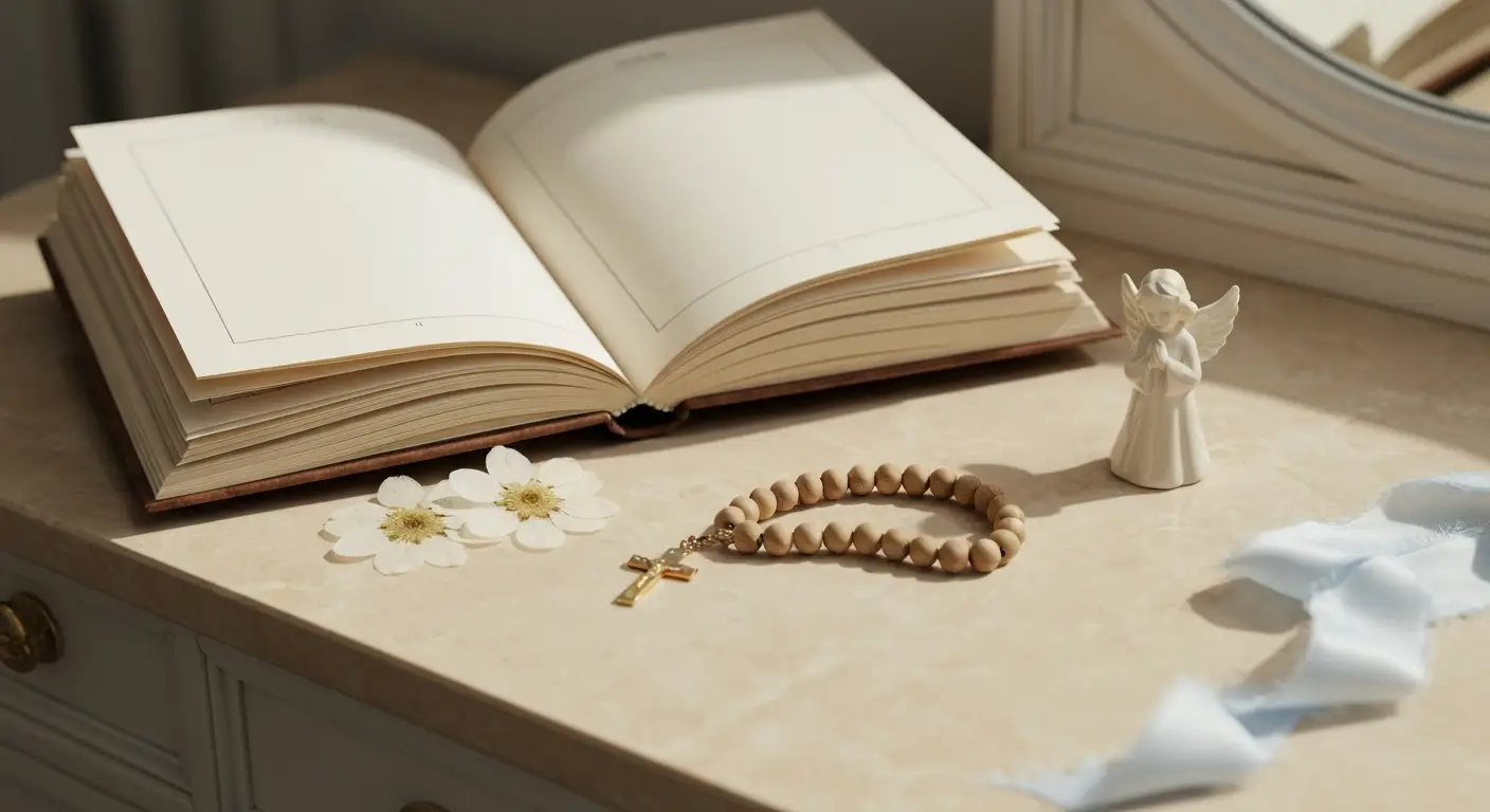 Kalendarz liturgiczny z figurką anioła, różańcem i białymi kwiatami na marmurowym stole