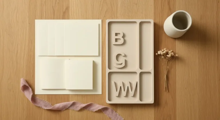 Elegancki flat lay z kartami bez napisów, pudełkami pamiątkowymi i wstążkami dla rodzeństwa