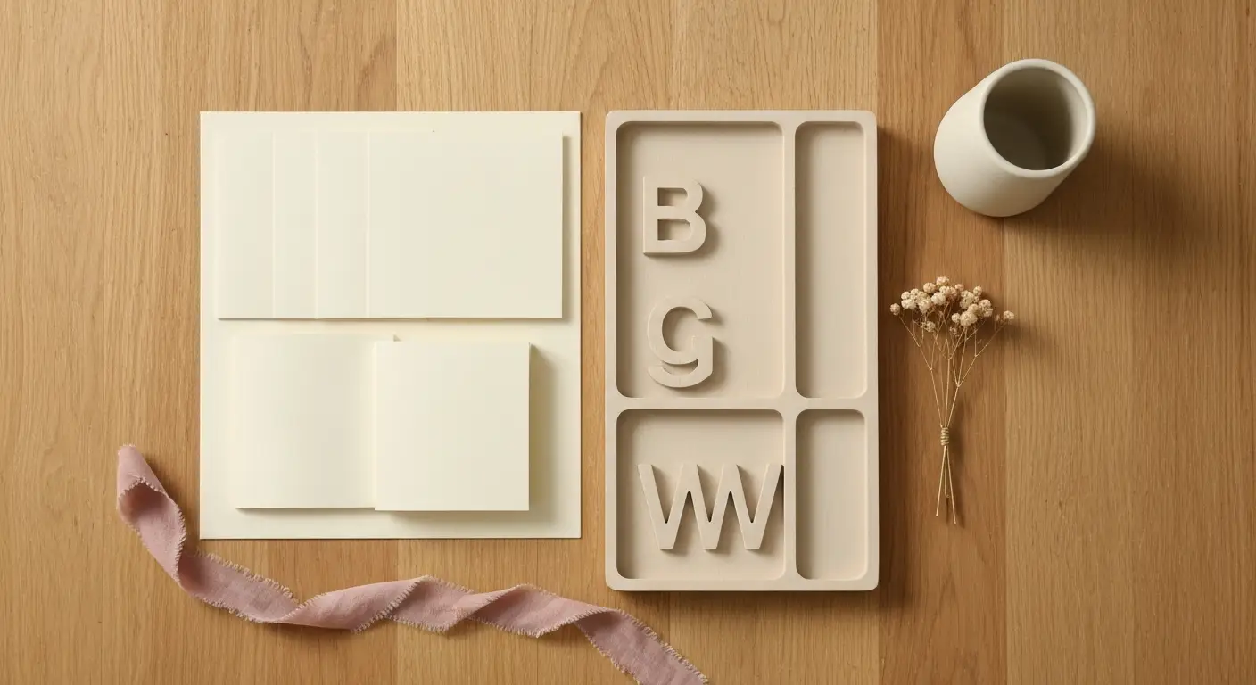 Elegancki flat lay z kartami bez napisów, pudełkami pamiątkowymi i wstążkami dla rodzeństwa