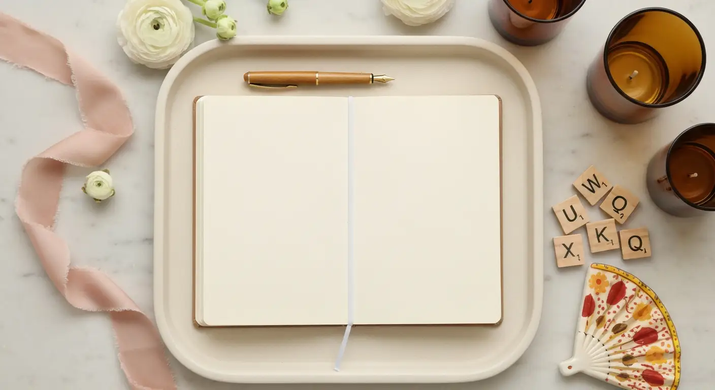 Elegancki notesnik, pióro i delikatne dodatki inspirowane wyborem hiszpańskich imion