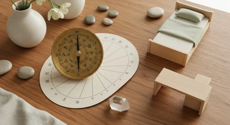 Kompas feng shui, modele łóżka i biurka oraz kryształy na drewnianej powierzchni