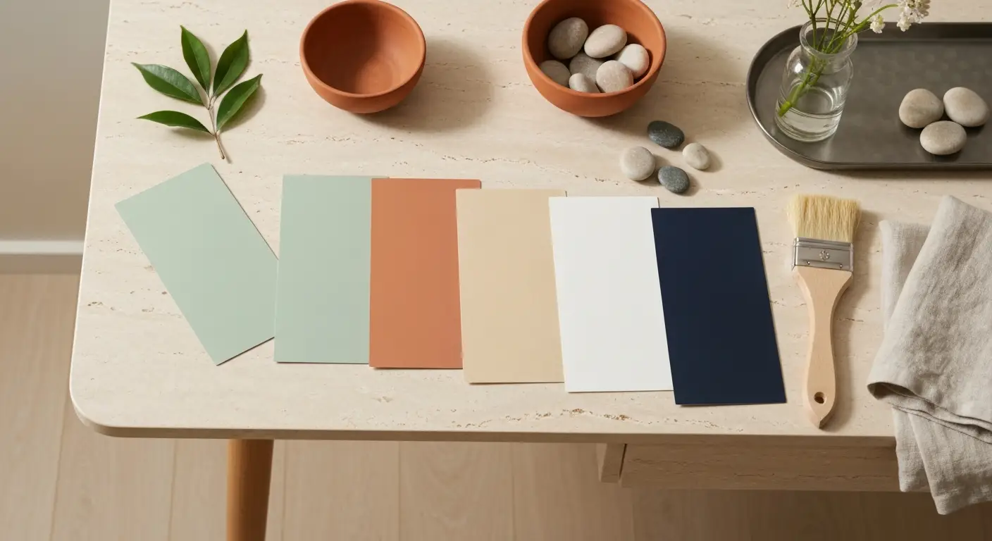 Paleta próbek farb w pięciu kolorach feng shui z drewnem, kamieniami i kwiatami