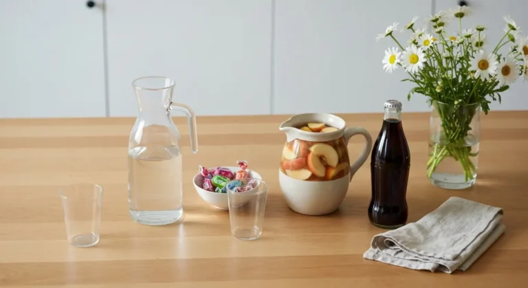 Woda, domowy kompot i cola na stole obok małej miseczki słodyczy