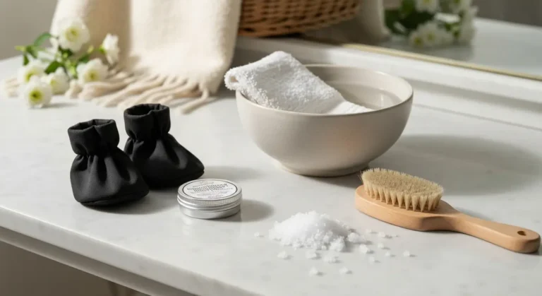 Balsam do łap, psie buty, ręcznik i sól drogowa na marmurowej powierzchni
