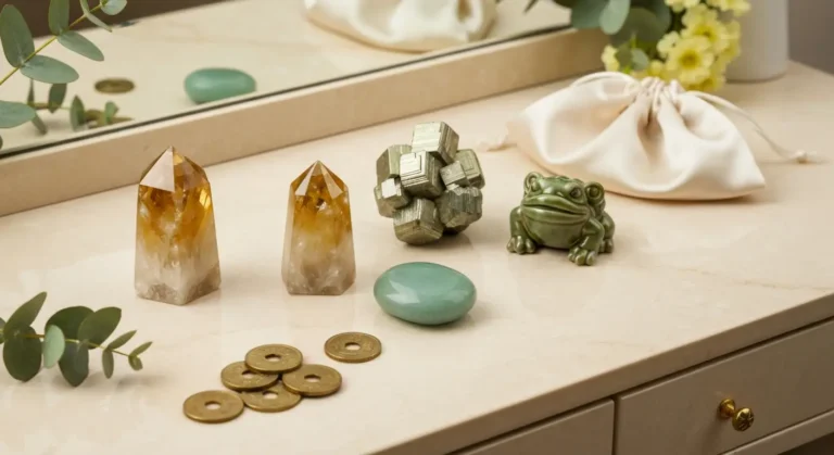 Cytryn, piryt, jadeit i awenturyn z monetami oraz żabą feng shui na marmurowej tacy