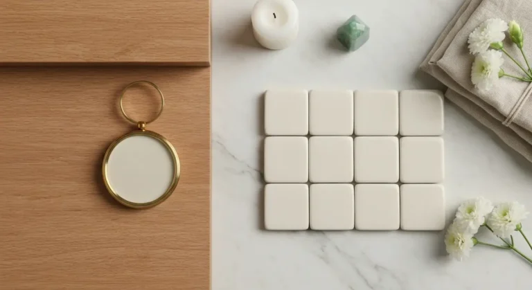 Kompas, dziewięć ceramicznych płytek i jadeit na stole w aranżacji feng shui