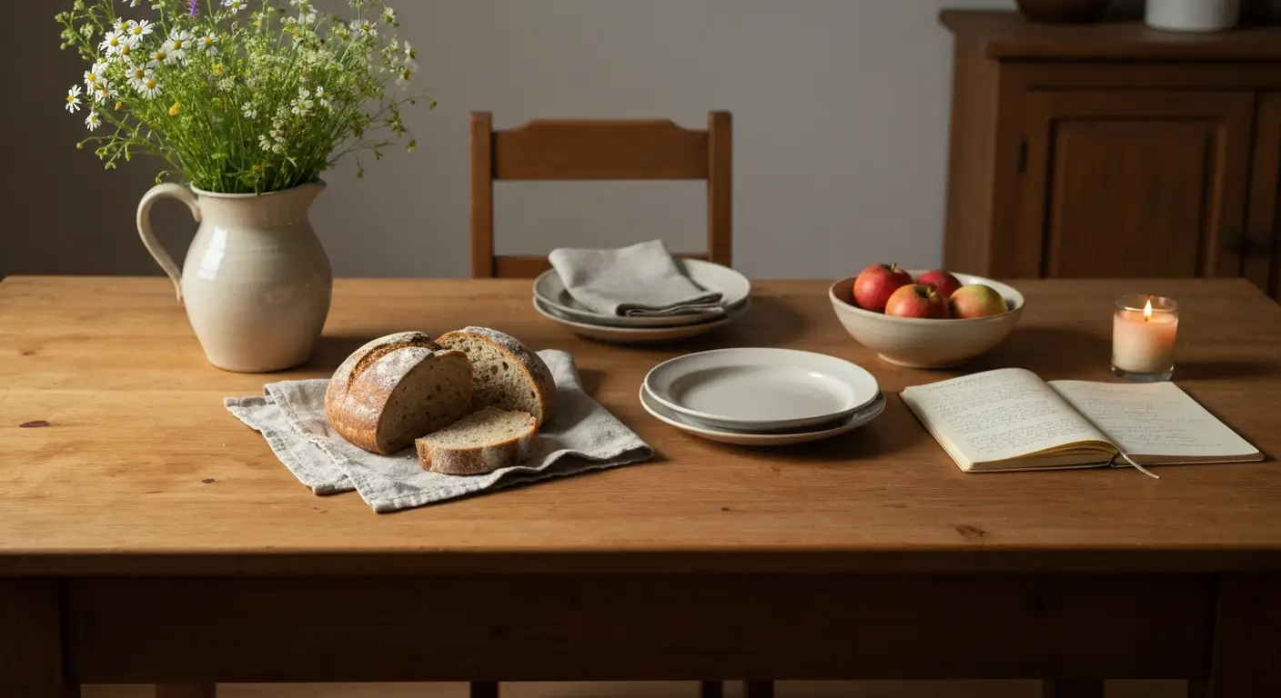 Drewniany kuchenny stół z chlebem, ceramiką, kwiatami i rodzinnymi nakryciami