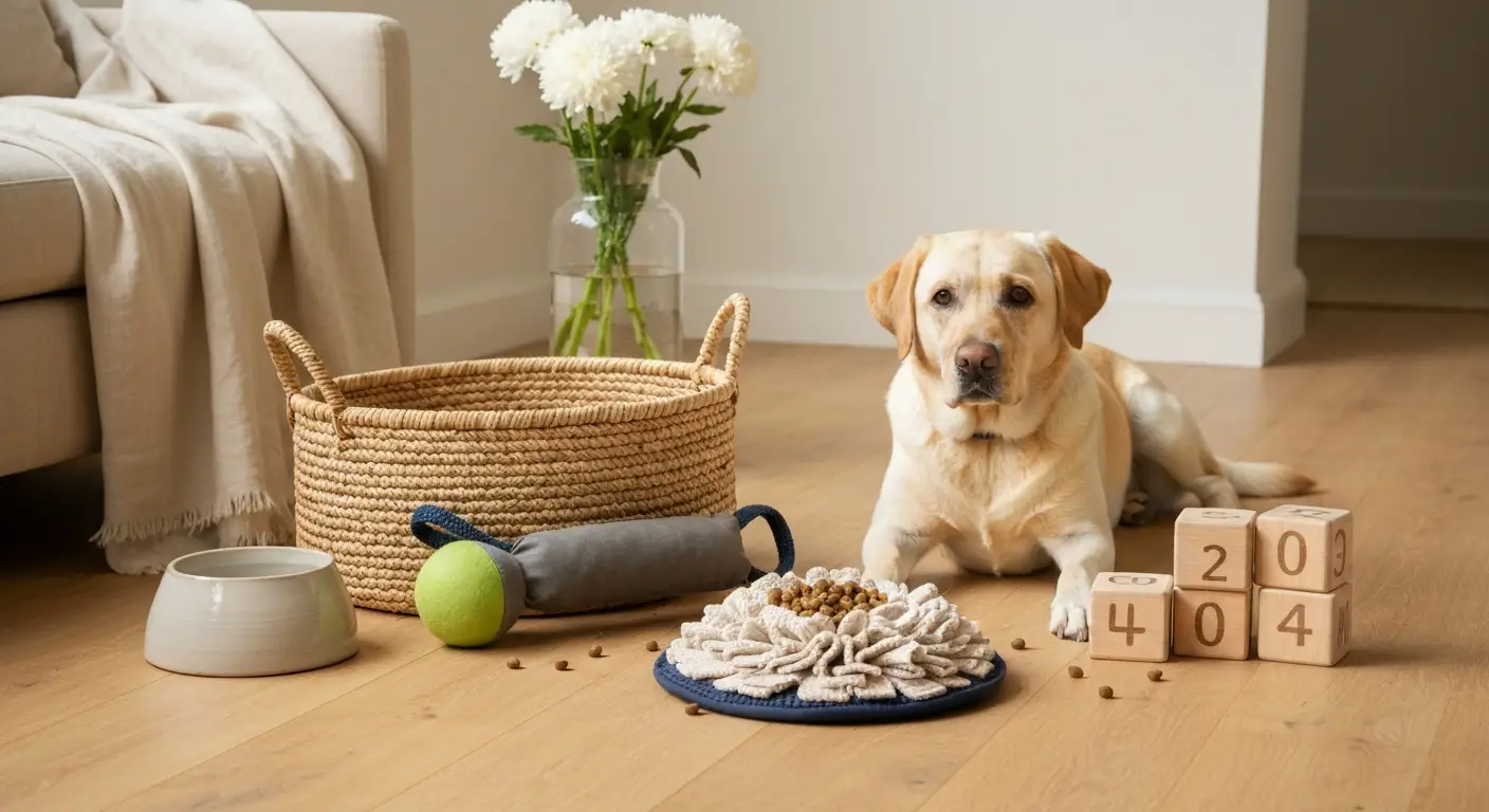 Spokojny żółty labrador obok zabawek do aportu i maty węchowej w jasnym rodzinnym wnętrzu