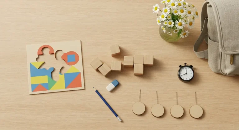 Kolorowa układanka, klocki i przybory szkolne na drewnianym biurku dziecka