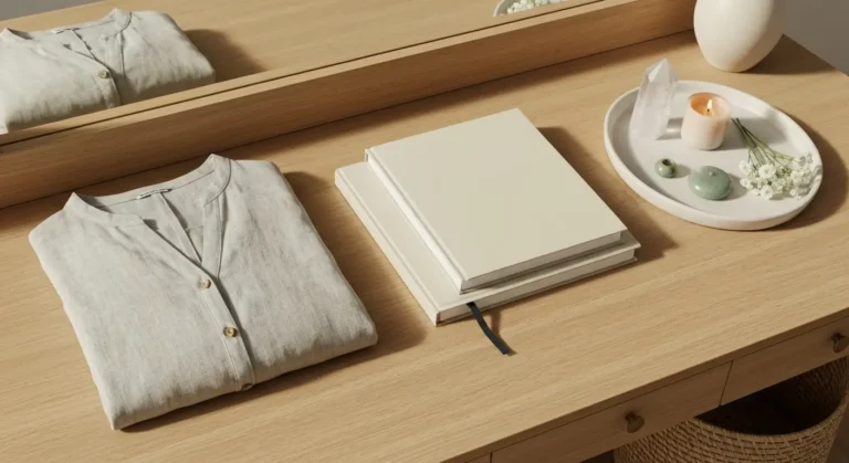 Uporządkowane przedmioty, kryształ, świeca i kwiaty na drewnianym stole w duchu KonMari i feng shui