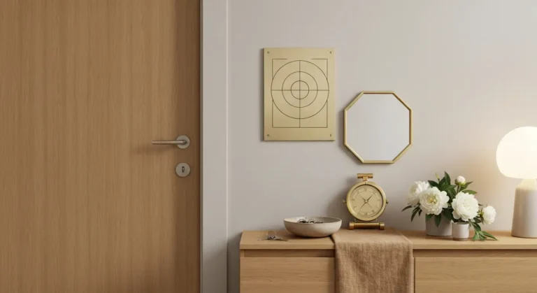 Uporządkowana strefa wejścia z lustrem inspirowanym Bagua, kompasem i dekoracjami feng shui