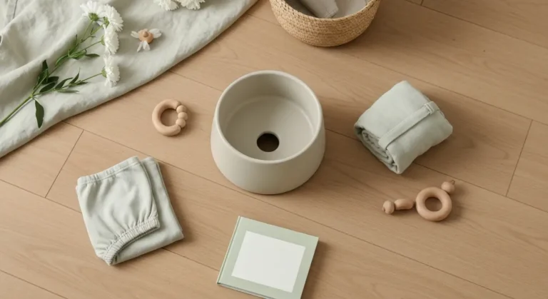 Mały ceramiczny nocnik, bawełniane ubranka i zabawka w spokojnym domowym otoczeniu