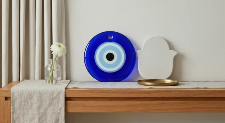Szklane oko proroka i ceramiczna hamsa na drewnianej konsoli w nowoczesnym wnętrzu