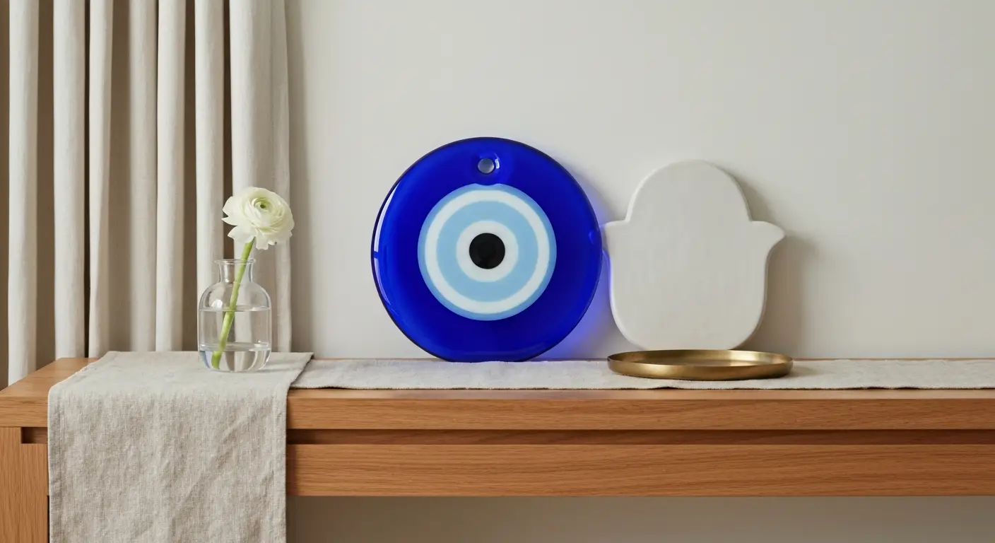Szklane oko proroka i ceramiczna hamsa na drewnianej konsoli w nowoczesnym wnętrzu