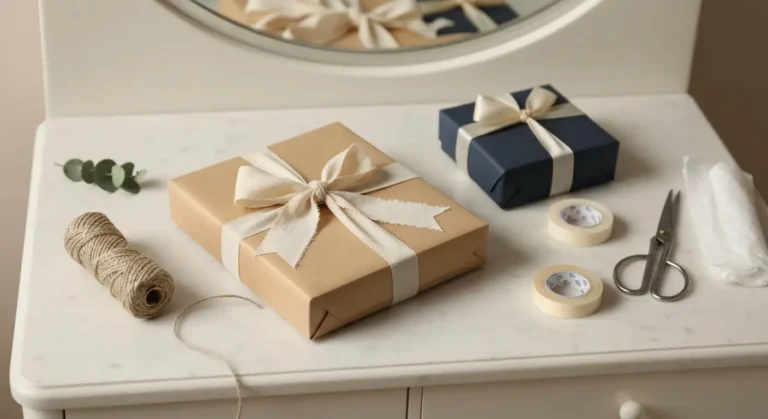 Elegancko zapakowane prezenty w papier kraft i granatowy papier, z kremowymi wstążkami oraz gałązką eukaliptusa