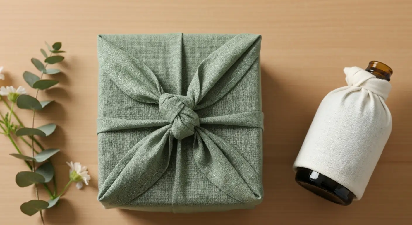 Lniana tkanina furoshiki związana wokół pudełka prezentowego i butelki na drewnianym stole
