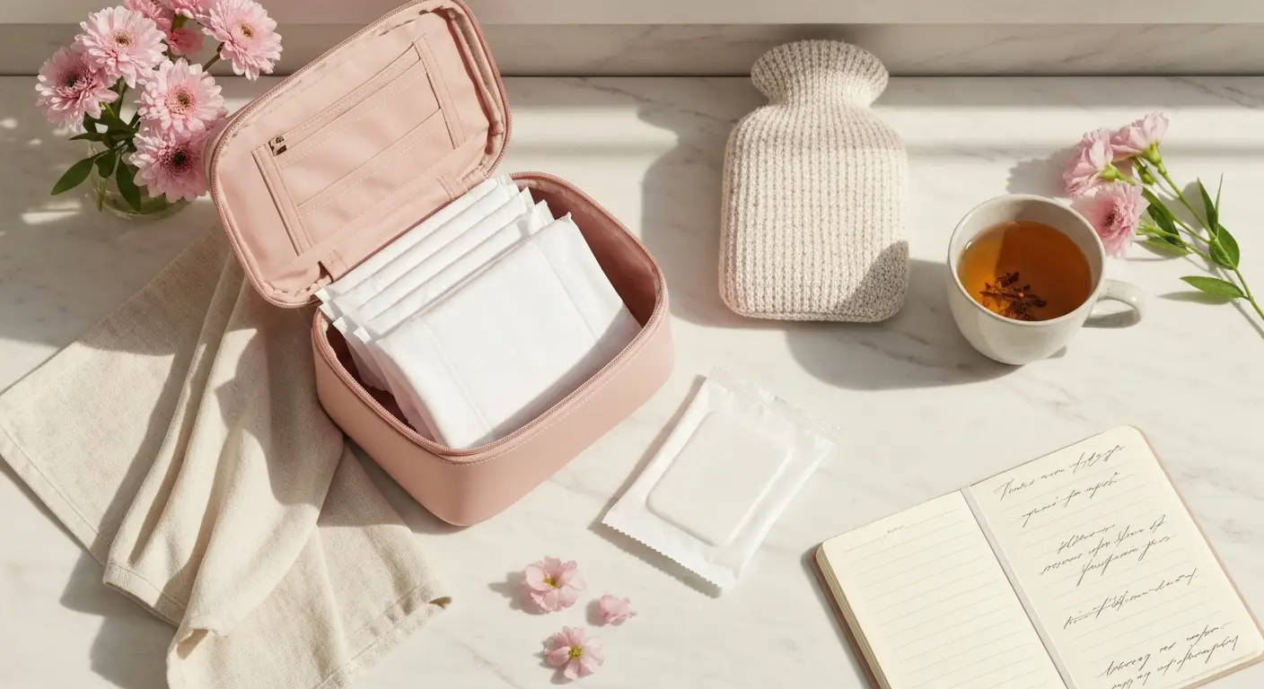 Kosmetyczka z podpaskami, bielizną menstruacyjną i termoforem przygotowana dla córki