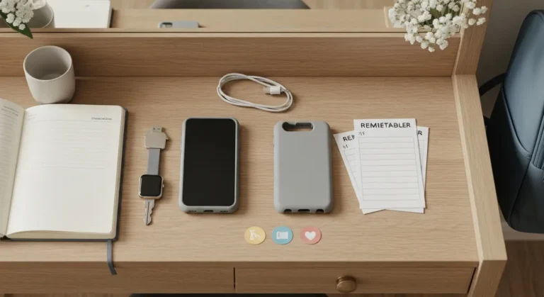 Telefon dziecka z etui, zegarkiem i szkolnymi rzeczami na jasnym drewnianym stole