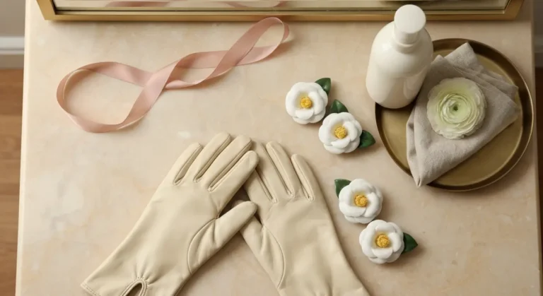 Elegancki flat lay z rękawiczkami, wstążką, kwiatami i środkiem do dezynfekcji symbolizujący zasady powitań