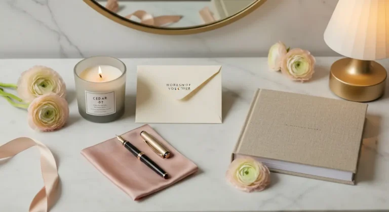 Eleganckie prezenty na 30 urodziny - świeca, pióro, album i ceramiczny upominek na marmurowej toaletce