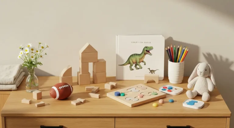 Drewniane klocki, puzzle, książka z dinozaurem i przybory plastyczne jako prezenty dla dziecka