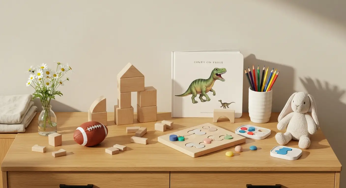 Drewniane klocki, puzzle, książka z dinozaurem i przybory plastyczne jako prezenty dla dziecka