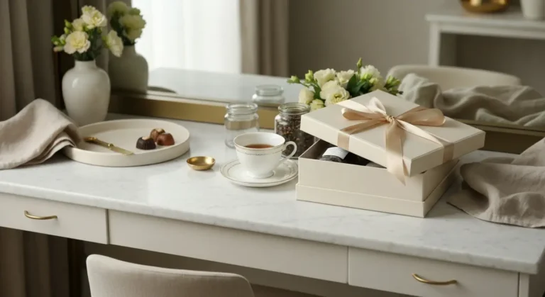 Eleganckie pudełko prezentowe z herbatą, porcelaną, słodyczami i jasnymi kwiatami