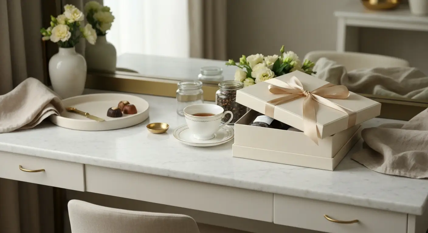 Eleganckie pudełko prezentowe z herbatą, porcelaną, słodyczami i jasnymi kwiatami