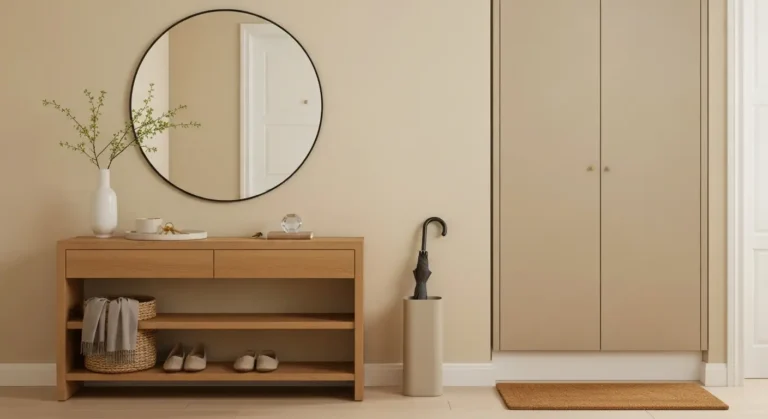 Uporządkowany przedpokój feng shui z konsolą, lustrem, kluczami, butami i jasnymi dodatkami
