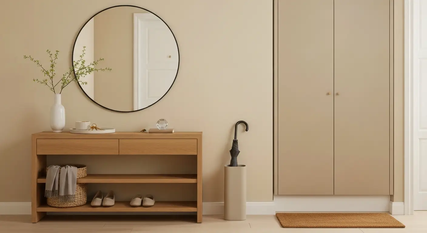 Uporządkowany przedpokój feng shui z konsolą, lustrem, kluczami, butami i jasnymi dodatkami