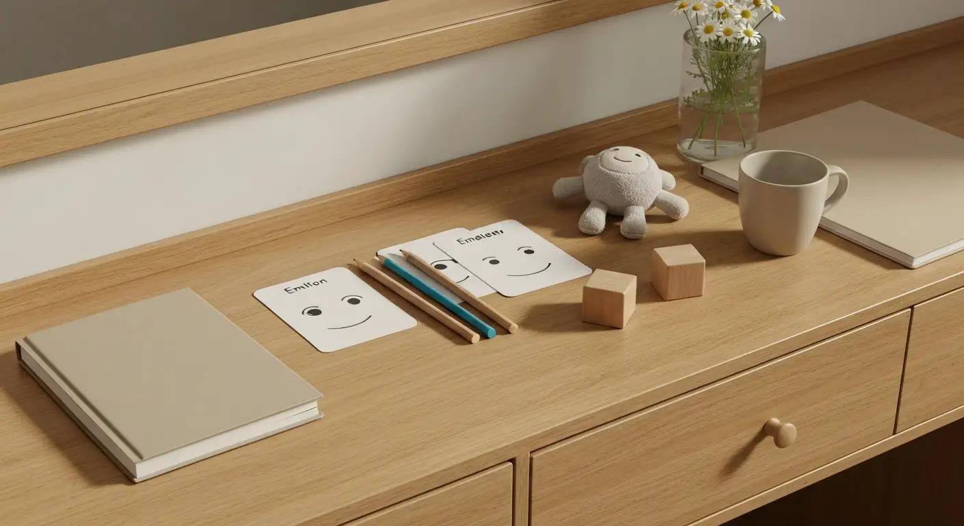 Stolik z materiałami do konsultacji psychologicznej dziecka, kredkami, maskotką i kartami emocji