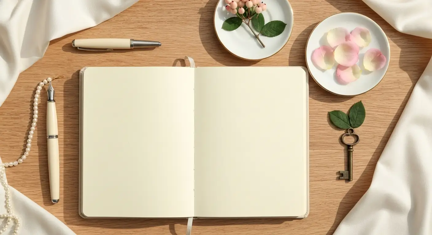 Notes o wyborze rzadkiego imienia żeńskiego z piórem, wstążką, płatkami róż i gałązką kaliny