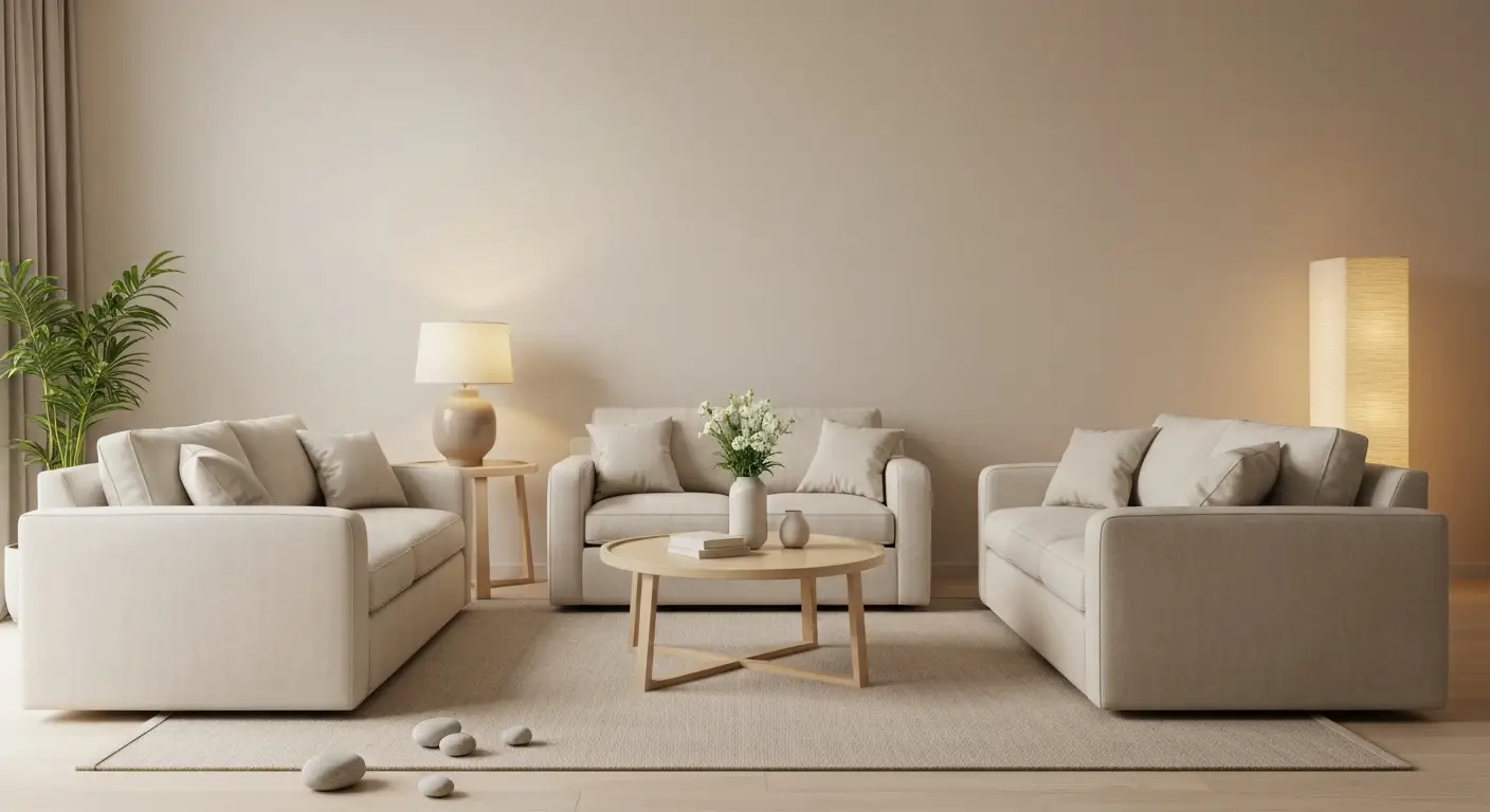 Jasny salon feng shui z dwiema sofami, okrągłym stolikiem, dywanem i wolnym przejściem